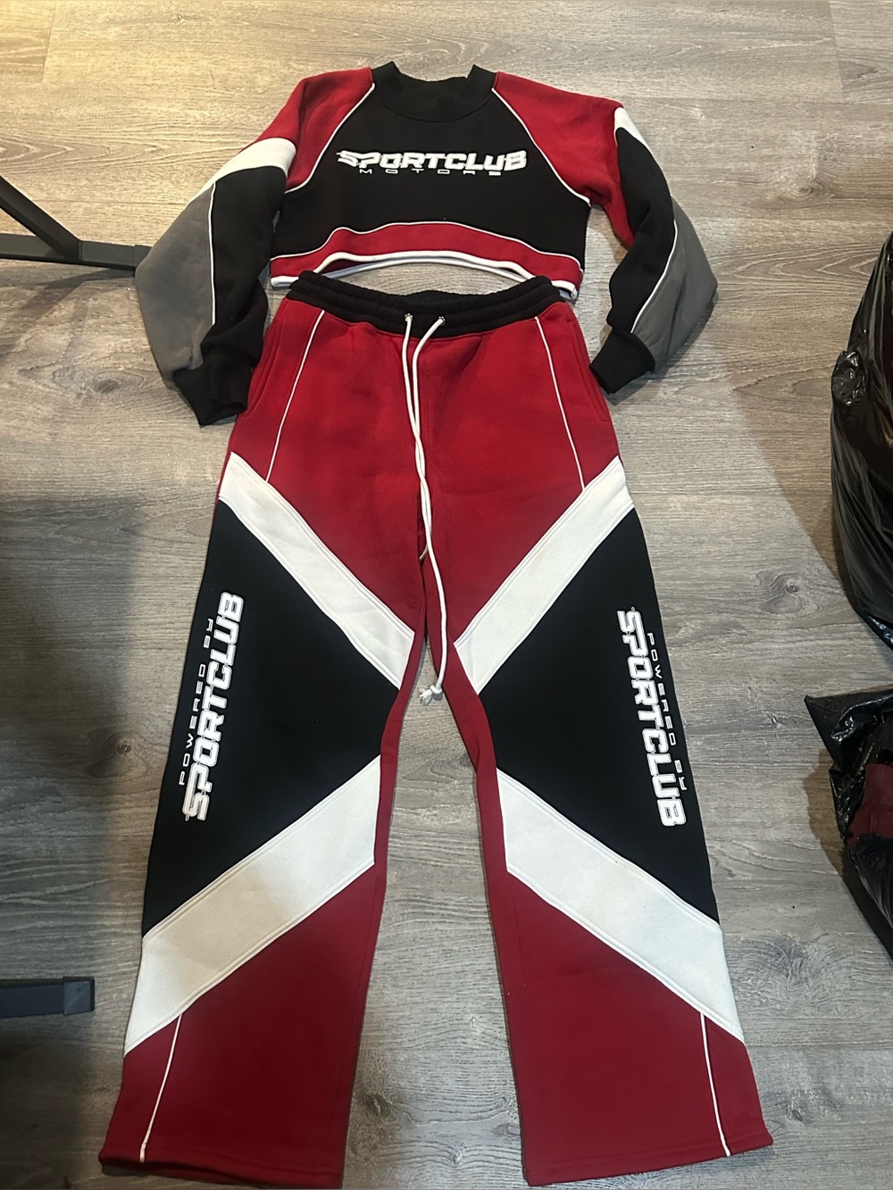 Fashion Nova SportClub Red Black White Track Pants & Crop Top Set Size M